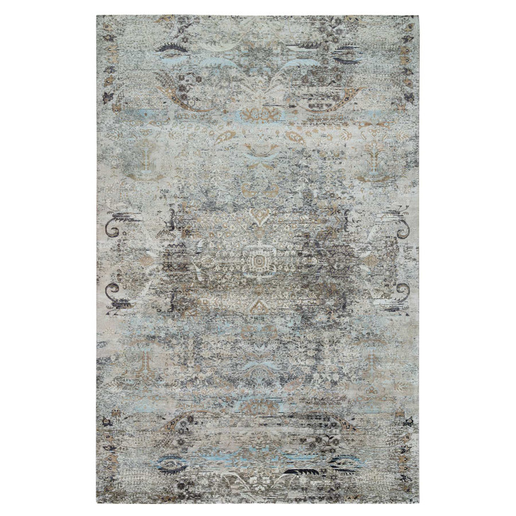 Transitional Wool & Silk Hand Knotted Rug Grey No Border 11.9X18.1 -O065179