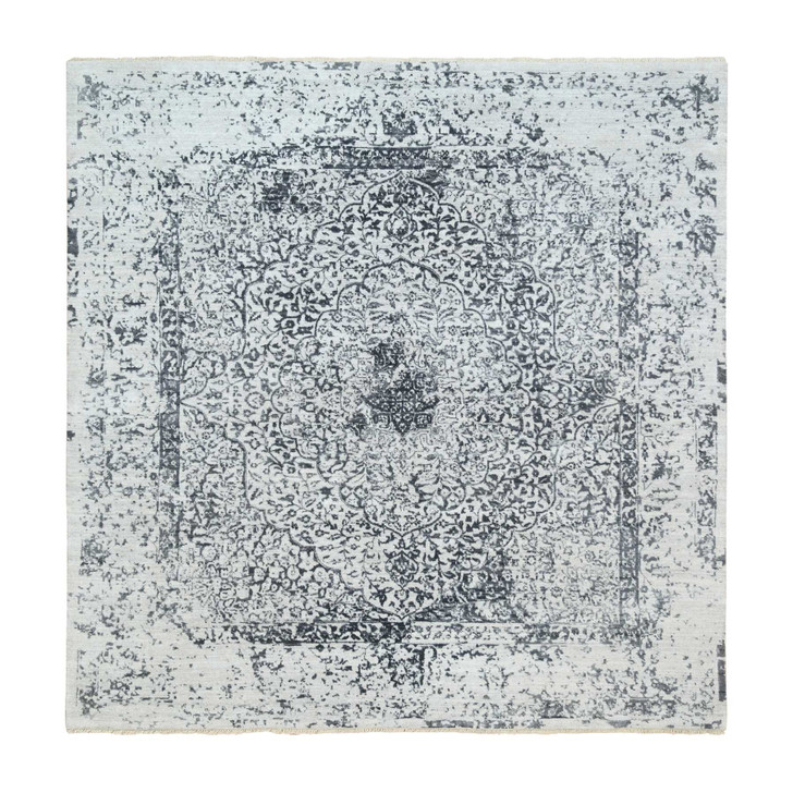 Transitional Wool & Silk Hand Knotted Rug Grey No Border 8.0X8.0 -O063455