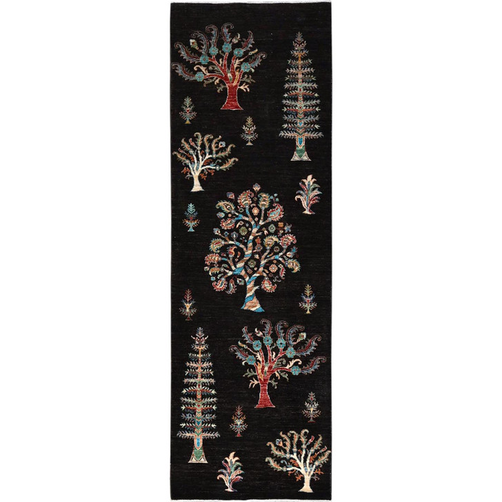Tribal & Geometric Wool Hand Knotted Rug Black Black 2.6X8.0 -O086899