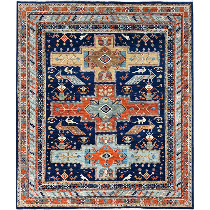Tribal & Geometric Wool Hand Knotted Rug Blue Gray 7.10X9.4 -O0156