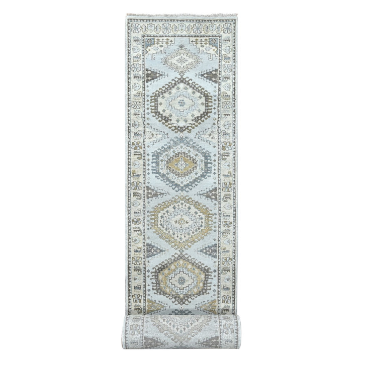 Tribal & Geometric Wool Hand Knotted Rug Grey Beige 2.9X18.0 -O010039