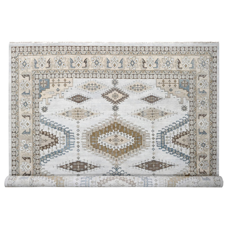 Tribal & Geometric Wool Hand Knotted Rug Grey Ivory 13.7X13.10 -O084860