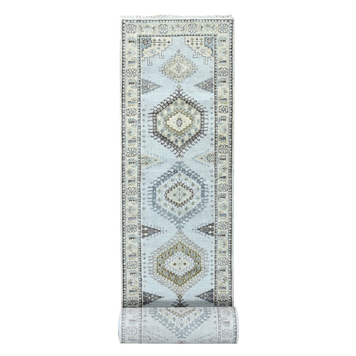 Tribal & Geometric Wool Hand Knotted Rug Grey Ivory 2.9X21.9 -O010077