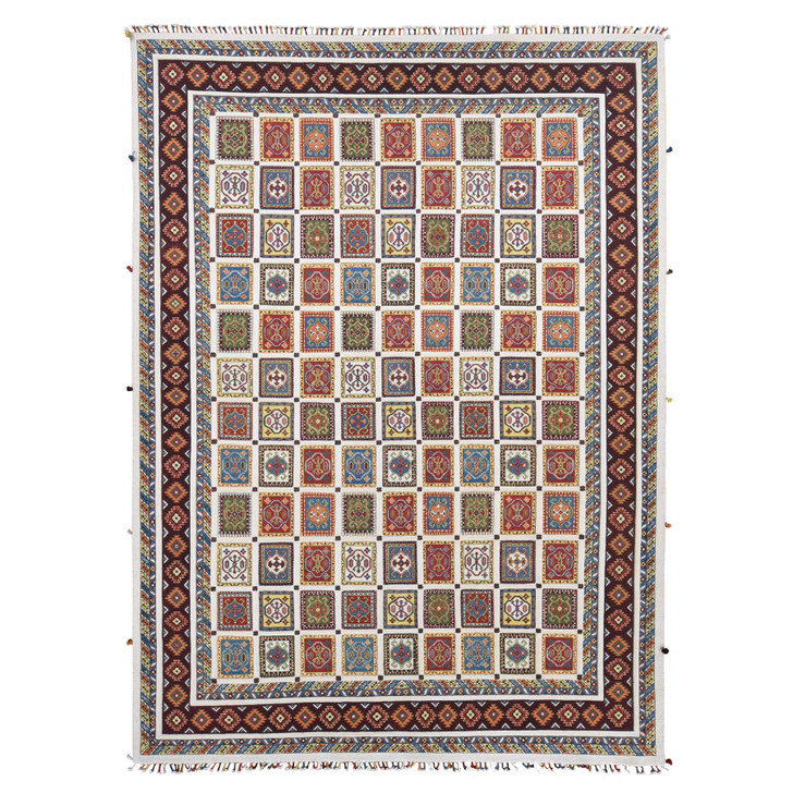 Tribal & Geometric Wool Hand Knotted Rug Ivory Chocolate Brown 10.0X14.0 -O080637