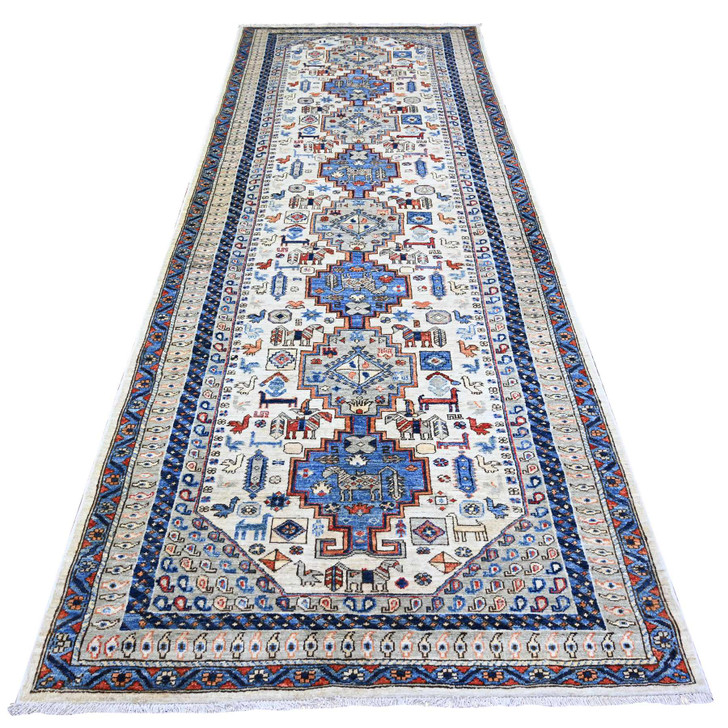 Tribal & Geometric Wool Hand Knotted Rug Ivory Gray 4.2X11.4 -O074845