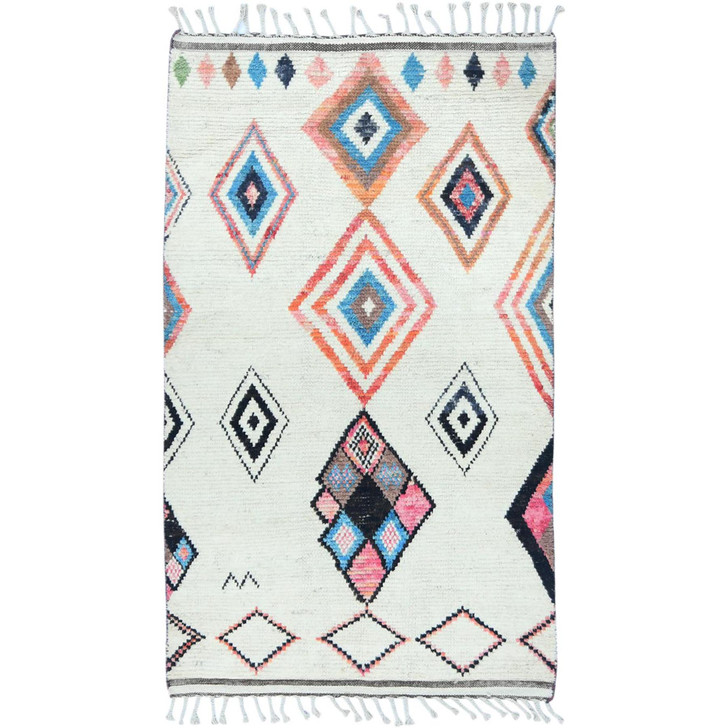 Tribal & Geometric Wool Hand Knotted Rug Ivory No Border 4.0X6.4 -O082977