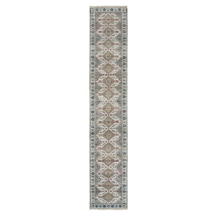 Tribal & Geometric Wool Hand Knotted Rug Ivory Swan White 2.6X14.1 -O065865