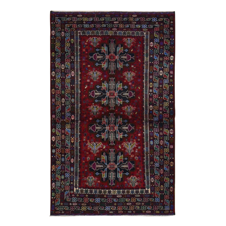 Tribal & Geometric Wool Hand Knotted Rug Red Blue 3.10X6.5 -O087734