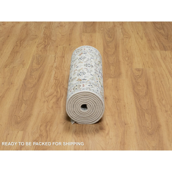 Fine Oriental Wool & Silk Hand Knotted Rug Ivory 2.7X12.1  -O090982