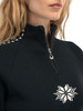 Dale of Norway - Geilo Women's 1/4 Zip Sweater: Black/Off White, 82311-F_Norwegian 8-point rose detail
Photo credits: Dale of Norway
Merino wool sweater with raglan sleeves. A lightweight midlayer in ribbed knit.