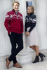 Dale of Norway Women's 1/4 Zip Dale Christmas Sweater - Navy/Off White/Red Rose, 93921-C - Couple wearing Dale of Norway Dale Christmas Sweaters 93921-C and 93931-B