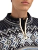 Dale of Norway Vail Men's 1/4 Zip Sweater - Off White/Midnight Navy/Blue Shadow, 90331-A_pattern detail with fleece lined collar
Photo credits: Dale of Norway
Alpine world ski championship sweater design. Heavyweight mid-layer with fleece lined collar and optional draw-cord hem