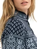 Dale of Norway Peace Women's 1/4 Zip Sweater, Navy/Ice Blue, 13312-C00_detail side
Photo: Dale of Norway
Medium weight mid-layer with all-over pattern and medium high neck. Designed for the 2006 Turin Winter Olympics