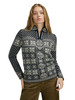 Dale of Norway - Peace Women's 1/4 Zip Sweater: Black/Off White, 13312-F00_model front
Photo: Dale of Norway
Medium weight mid-layer with all-over pattern and medium high neck. Designed for the 2006 Turin Winter Olympics