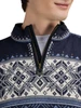 Dale of Norway Blyfjell Unisex 1/4 Zip Sweater, Navy/Blue Shadow/Off White, 95021-C00_Design and neck detail
Photo: Dale of Norway
100% Norwegain wool mid layer sweater with medium high neck and t-sleeves.