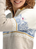 Dale of Norway - Moritz Women's 1/4 Zip Sweater: Sand/Off White/Blue Shadow, 91461-D00_sleeve detail
Photo credits Dale of Norway
merino wool sweater with Nordic ski-inspired pattern from the St. Moritz World Ski Championship in 2003