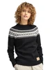 Dale of Norway - Vagsoy Women's Crewneck Sweater: Black/Off White, 95381-F00_Model front detail
Photo credits: Dale of Norway
Mid-layer, medium-weight sweater for sport or everyday. Yolk knit look with raglan sleeves and round neck in skin-soft merino wool