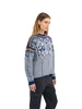 Dale of Norway - 1994 Lillehammer Women's Crewneck Sweater: Indigo/Off White/Bottle Green, 95881-C04_Model right side showcasing a drop-back hem
Photo credits: Dale of Norway
A heavy weight mid layer sweater designed for the 1994 Olympic Games in Lillehammer Norway. Features a drop-back hem and a pattern of old Norse symbols and figures. 