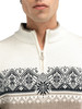 Dale of Norway - Moritz Men's 1/4 Zip Sweater: Mountainstone/Off White/Black, 91391-P00_pattern detail
Photo credits: Dale of Norway
Merino wool double knit construction with medium high neck and j-sleeves. Norwegian Ski Team sweater design from the 2003 World Ski Championships in St. Moritz Switzerland