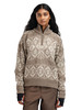Dale of Norway - Roset Women's Windproof Sweater: Mountainstone/Off White, 96301-P00_Model Front Detail
Photo Credits: Dale of Norway
Dale of Norway Roset women’s windproof quarter-zip sweater in Mountainstone and Off White with Norwegian patterning, side zippers, hidden pockets, and thumbhole cuffs, style 96301-P00.