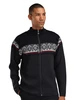 Dale of Norway - Moritz Men's Cardigan Sweater: Dark Charcoal/Black/Off White, 85851-E00_Model front detail
Photo credits: Dale of Norway
Double layer merino wool comfort knit construction with full length zipper, medium high neck, and 2003 St. Moritz Olympic sweater pattern