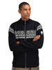 Dale of Norway - Moritz Men's Cardigan Sweater: Black/Off White/Dark Charcoal, 85851-K00_Model front detail
Photo Credits: Dale of Norway
Merino wool double knit construction with a full length zipper, 2003 St. Moritz Olympic sweater design.