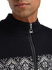 Dale of Norway - Moritz Men's Cardigan Sweater: Black/Off White/Dark Charcoal, 85851-K00_Collar Detail
Photo Credits: Dale of Norway
Merino wool double knit construction with a full length zipper, 2003 St. Moritz Olympic sweater design.