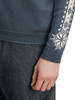 Dale of Norway - Geilo Men's 1/4 Zip Sweater: Steel/Off White, 95041-H00_Pattern detail on the wrists
Photo credits: Dale of Norway
medium high neck with raglan sleeves. Eight-petal rose pattern down the sleeves. Steele blue/grey with off white.