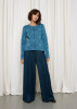 Oleana - Signe Cardigan: Blue on Blue, 813-F_model with curtain full length