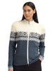 Dale of Norway - Moritz Women's Cardigan: Steel/Off White/Navy, 85941-C04_model front detail
Photo credits: Dale of Norway
Dale of Norway Moritz women’s merino wool full zip cardigan in steel off white and navy with Nordic pattern