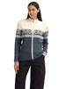 Dale of Norway - Moritz Women's Cardigan: Steel/Off White/Navy, 85941-C04_model front
Photo credits: Dale of Norway
Dale of Norway Moritz women’s merino wool full zip cardigan in steel off white and navy with Nordic pattern