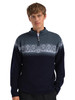 Dale of Norway - Moritz Men's 1/4 Zip Sweater: Navy/Steel/Ice Blue, 91391-C03_model front detail
Photo credits: Dale of Norway
Dale of Norway Moritz Men’s ¼ Zip Sweater in Navy Steel Ice Blue – merino wool Norwegian ski pullover with Nordic pattern