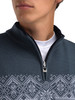 Dale of Norway - Moritz Men's 1/4 Zip Sweater: Navy/Steel/Ice Blue, 91391-C03_Medium high 1/4 zip neck and pattern detail
Photo credits: Dale of Norway
Dale of Norway Moritz Men’s ¼ Zip Sweater in Navy Steel Ice Blue – merino wool Norwegian ski pullover with Nordic pattern