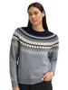 Dale of Norway - Losna Women's Crewneck Sweater: Mid Blue Melange/Light Charcoal/Smoke, 96421-H00_model front detail
Photo credits: Dale of Norway
A chunky wool Norwegian knit with zigzag Fair Isle pattern