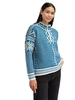 Dale of Norway - Leknes Women's 1/4 Zip Sweater: Arctic Blue/Off White/Navy, 95921-C02_Model right side
Photo credits: Dale of Norway
Heavyweight mid-layer with Viking-inspired pattern elements. Retro Olympic sweater design with a medium-high neck and loose fit for sport or fashion.