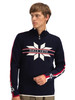 Dale of Norway - Nale Men's 1/4 Zip Sweater: Navy/Off White/Red Rose, 96471-C00_model front detail
Photo credits: Dale of Norway
Nåle - Lightweight merino wool Norwegian ski sweater with Nordic rose pattern and quarter zip collar.