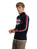 Dale of Norway - Nale Men's 1/4 Zip Sweater: Navy/Off White/Red Rose, 96471-C00_model left side
Photo credits: Dale of Norway
Nåle - Lightweight merino wool Norwegian ski sweater with Nordic rose pattern and quarter zip collar.