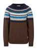 Dale of Norway - Losna Men's Crewneck Sweater: Coffee/Navy/Arctic Blue, 964211-M01_Product
Photo credits:Dale of Norway
A heavyweight Norwegian wool sweater with zigzag Fair Isle-inspired Nordic pattern and crew neck design.