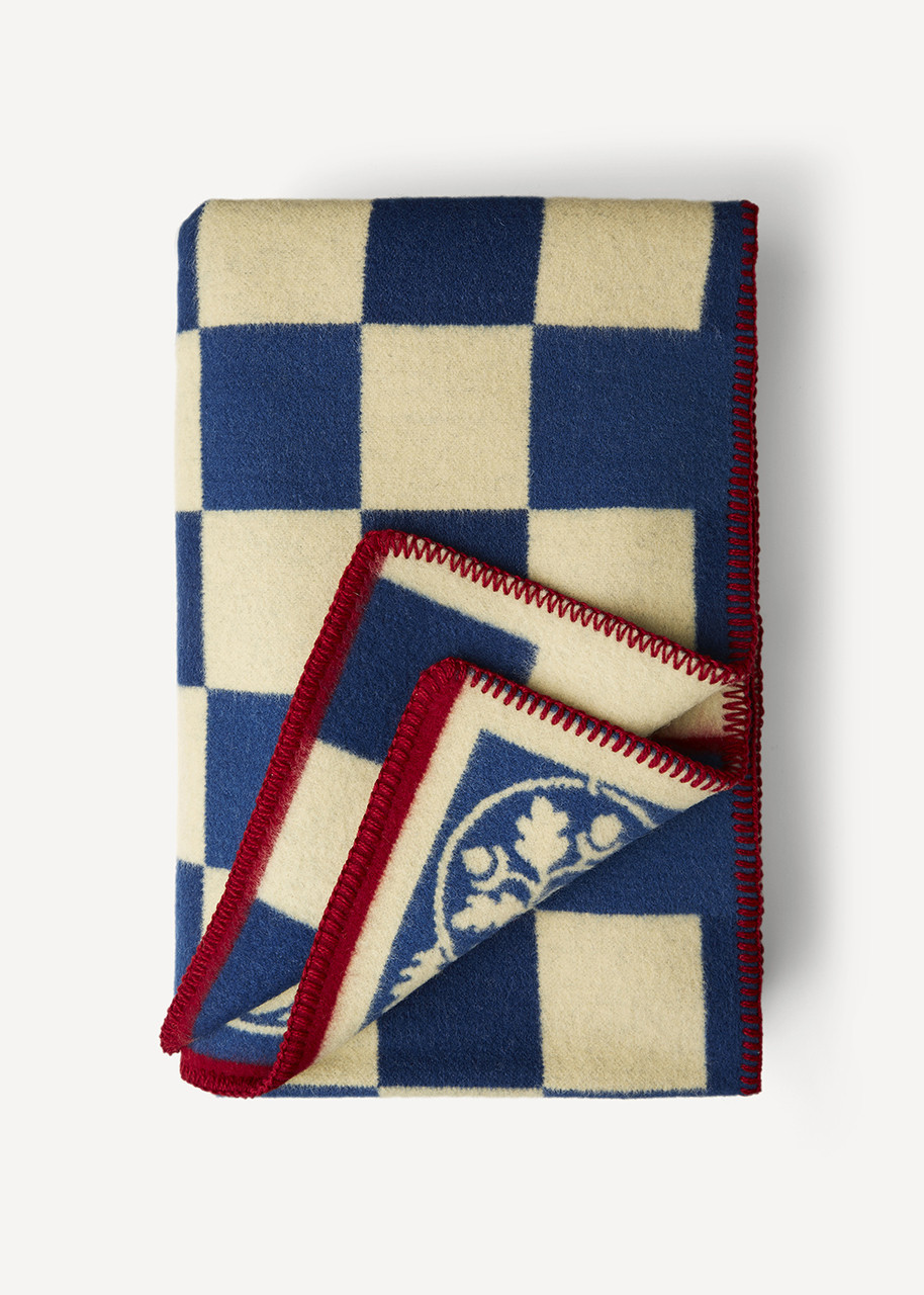 Oleana Blanket with Squares and Floral Pattern, 201B Blue