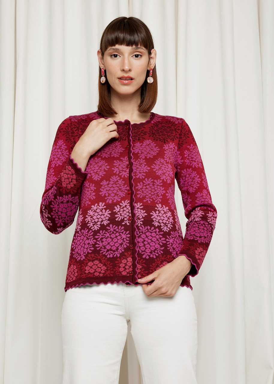 Oleana - Scallop Edge Cardigan: Red, 329-R | The Nordic Shop