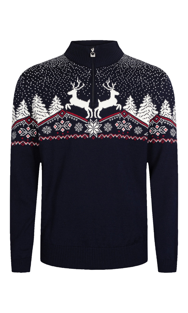 Dale of Norway Men's 1/4 Zip Dale Christmas Sweater: Navy/Off White/Red  Rose, 93931-C00