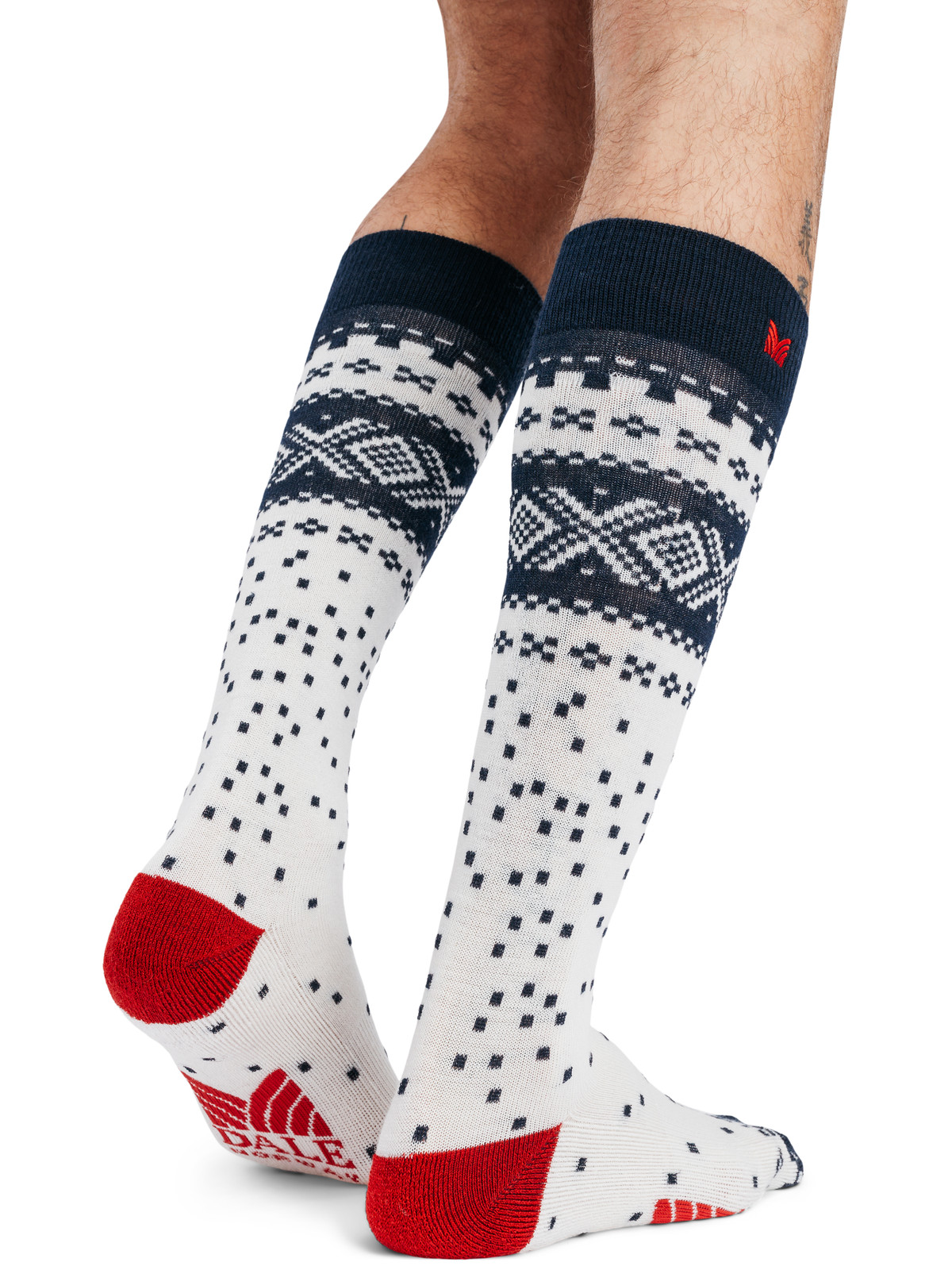 Dale of Norway - Cortina Knee Socks: Off White/Navy/Raspberry, 50111-A_product on feet, back side