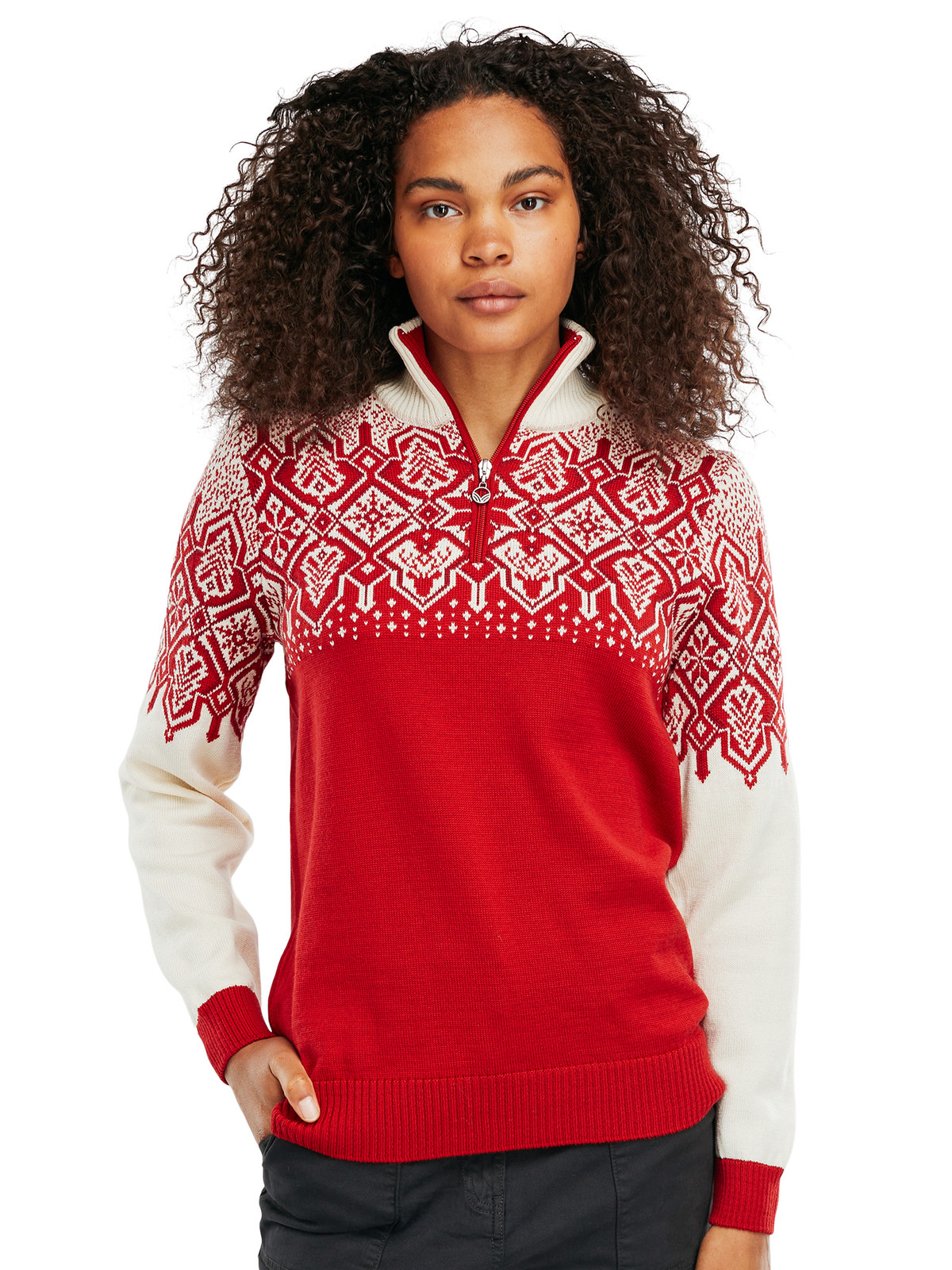 Dale of Norway Winterland Women's 1/4 Zip Sweater, Off White/Raspberry, 95281-B00_front a