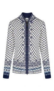 Dale of Norway - Solfrid Women's Cardigan: Off White/Navy/Electric Storm, 83341-A_product
photo credits: Dale of Norway
Full zip lightweight mid-layer with medium-high neck and all-over pattern.
