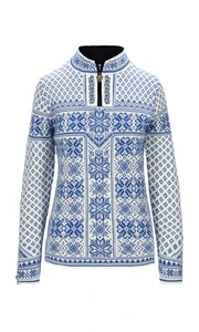Dale of Norway Peace Women's 1/4 Zip Sweater, Off White/Ultramarine, 13312-H00_product
Photo Credits: Dale of Norway
Medium weight mid-layer with all-over pattern and medium high neck. Designed for the 2006 Turin Winter Olympics