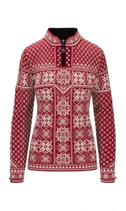 Dale of Norway Peace Women's 1/4 Zip Sweater, Red Rose/Off White, 13312-B00_product
Photo Credits: Dale of Norway
Medium weight mid-layer with all-over pattern and medium high neck. Designed for the 2006 Turin Winter Olympics