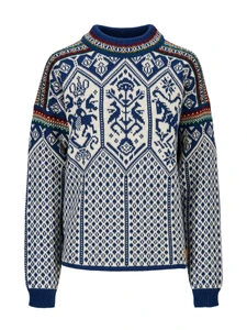 Dale of Norway - 1994 Lillehammer Women's Crewneck Sweater: Indigo/Off White/Bottle Green, 95881-C04_product
Photo credits: Dale of Norway
A heavy weight mid layer sweater designed for the 1994 Olympic Games in Lillehammer Norway. Features a drop-back hem and a pattern of old Norse symbols and figures. 
