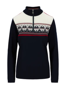 Dale of Norway Liberg Women's 1/4 zip Sweater, Marine/Off White/Raspberry, 95901-C01_Product
Photo credits: Dale of Norway
A merino wool sweater with traditional Norwegian eight-petal rose pattern