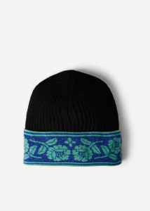 Oleana - Oksana Hat: Black: 808-F_product_black hat with contrast cuff in rich blue, and aqua floral design