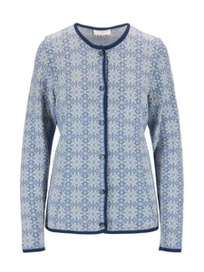 Dale of Norway - Othelie Women's Cardigan: Blue Shadow/Off White/Indigo, 85681-D00_product
Photo credits: Dale of Norway
A lightweight mid-layer with a slim fit, a button-front closure, crew neckline, and an all-over eight-petal rose pattern